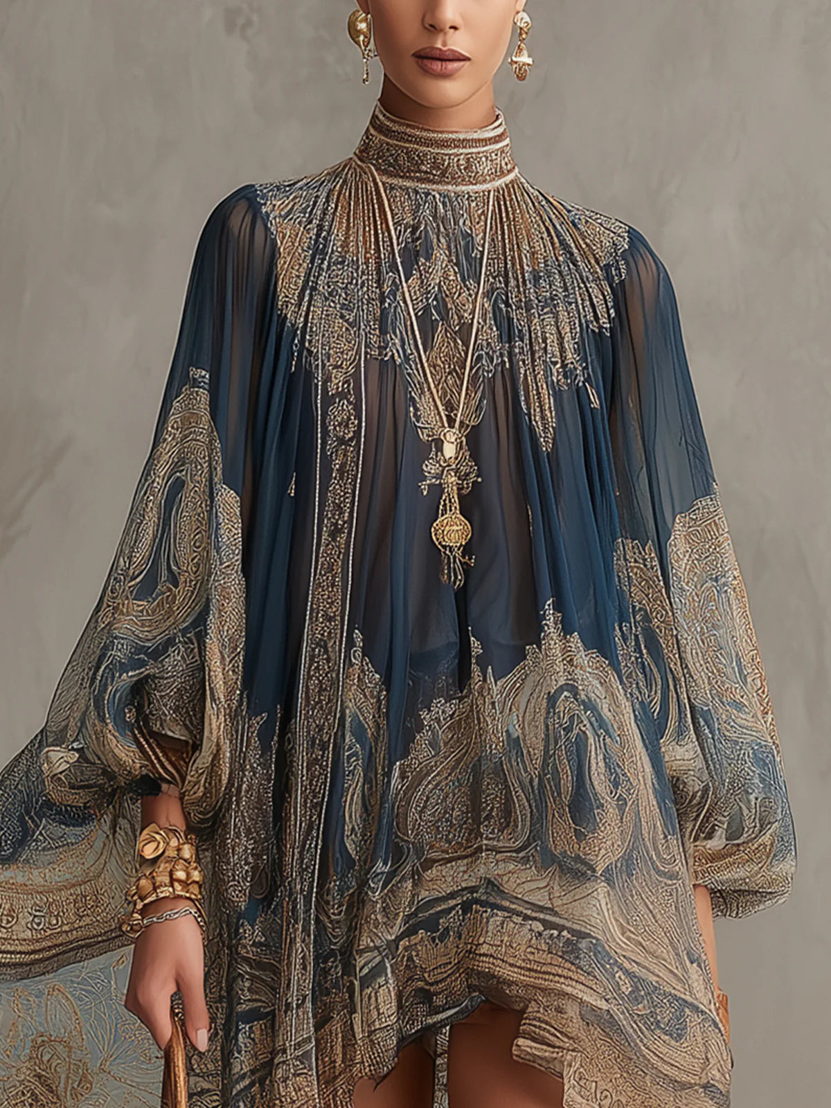 Robe courte en mousseline asymétrique à col montant imprimé baroque bleu marine