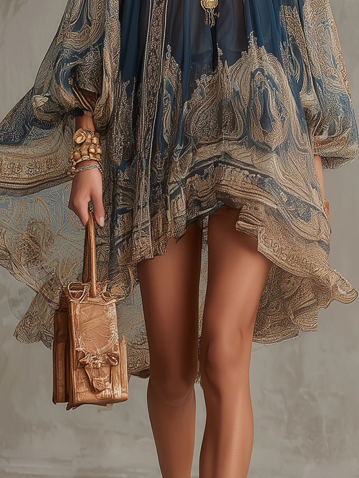 Robe courte en mousseline asymétrique à col montant imprimé baroque bleu marine