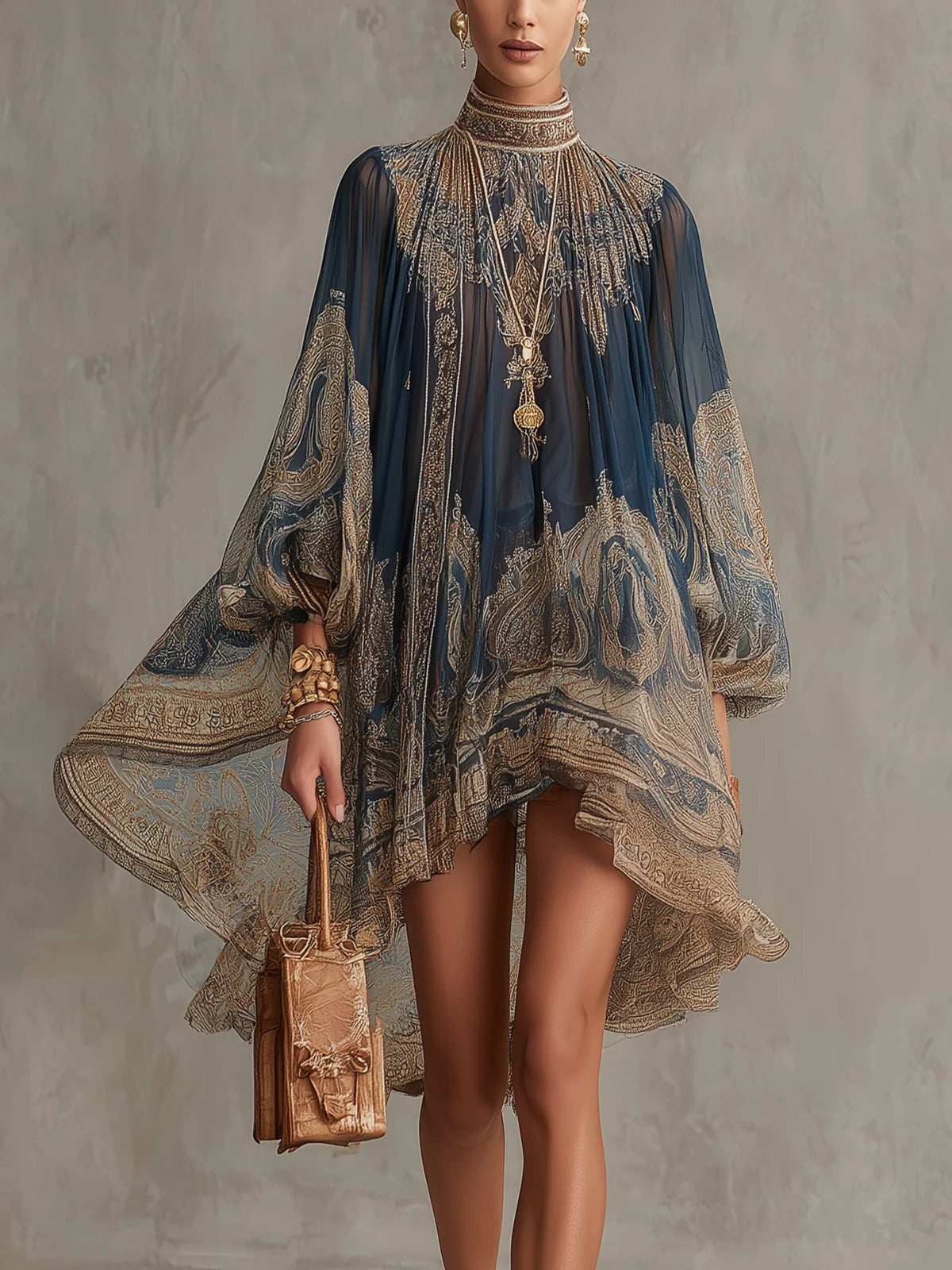 Robe courte en mousseline asymétrique à col montant imprimé baroque bleu marine