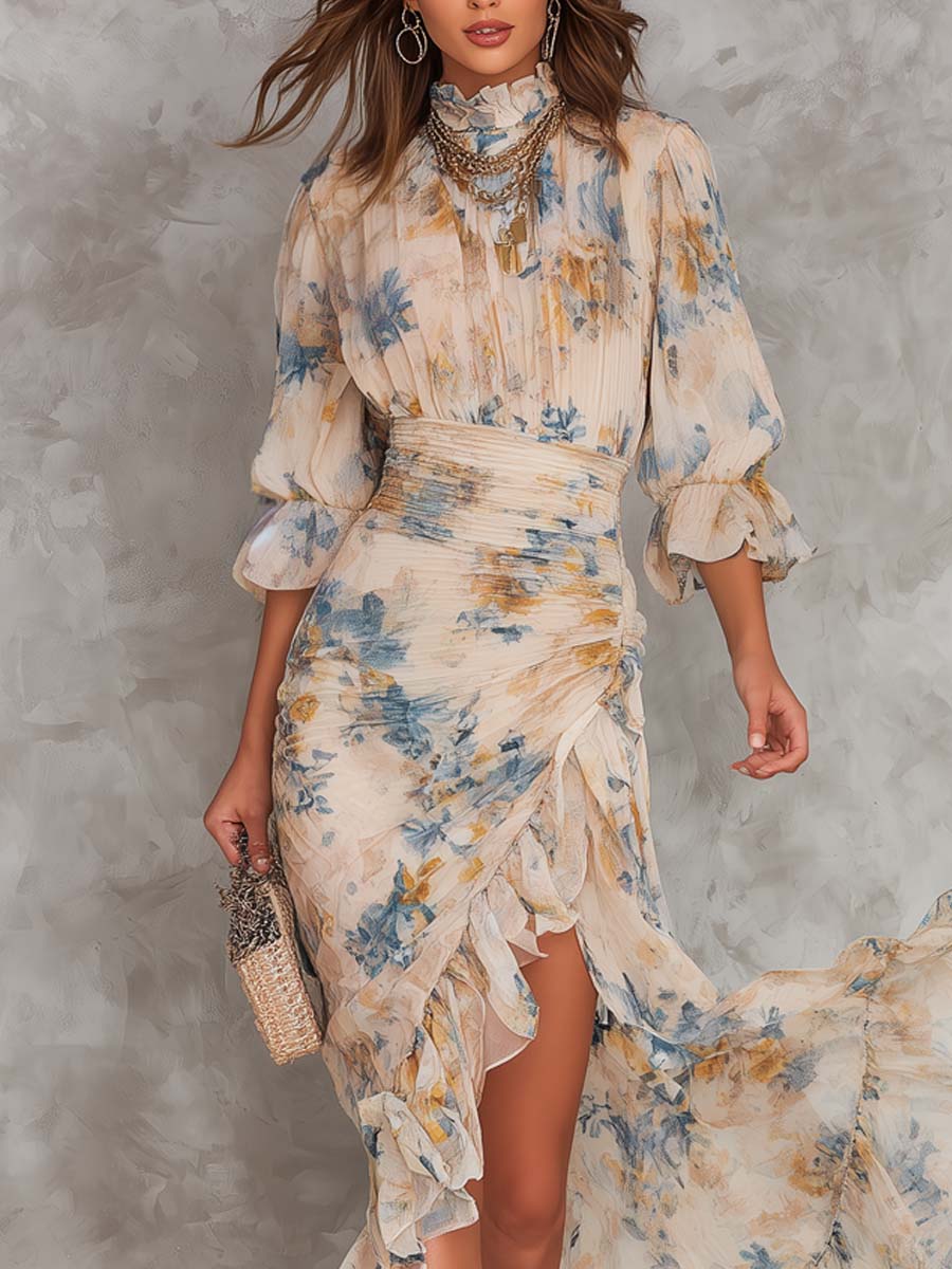 Robe longue en mousseline irrégulière à imprimé floral peinture à l'huile col roulé beige