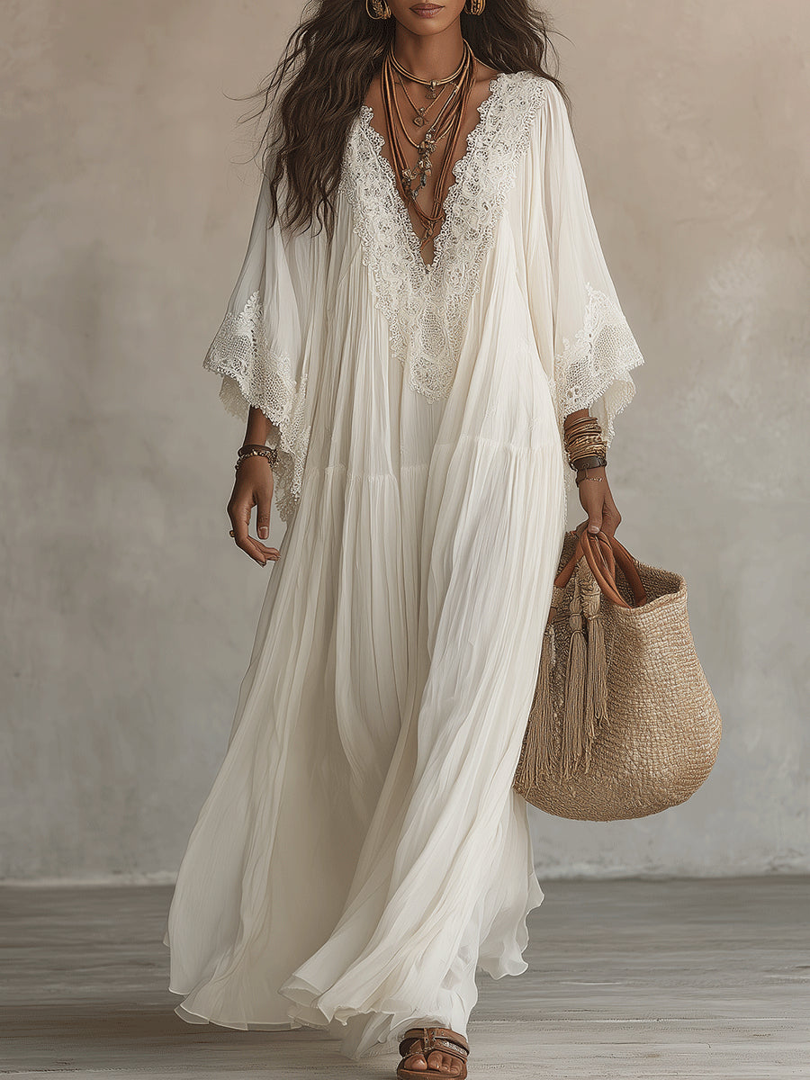 Celeste | Robe longue en chiffon ivoire et dentelle