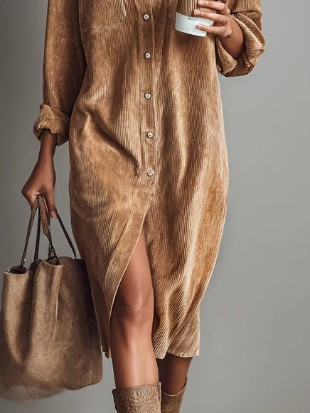 Robe midi en velours côtelé Estelle de Danoir Paris, vêtement élégant avec tissu texturé, portée en occasion spéciale.