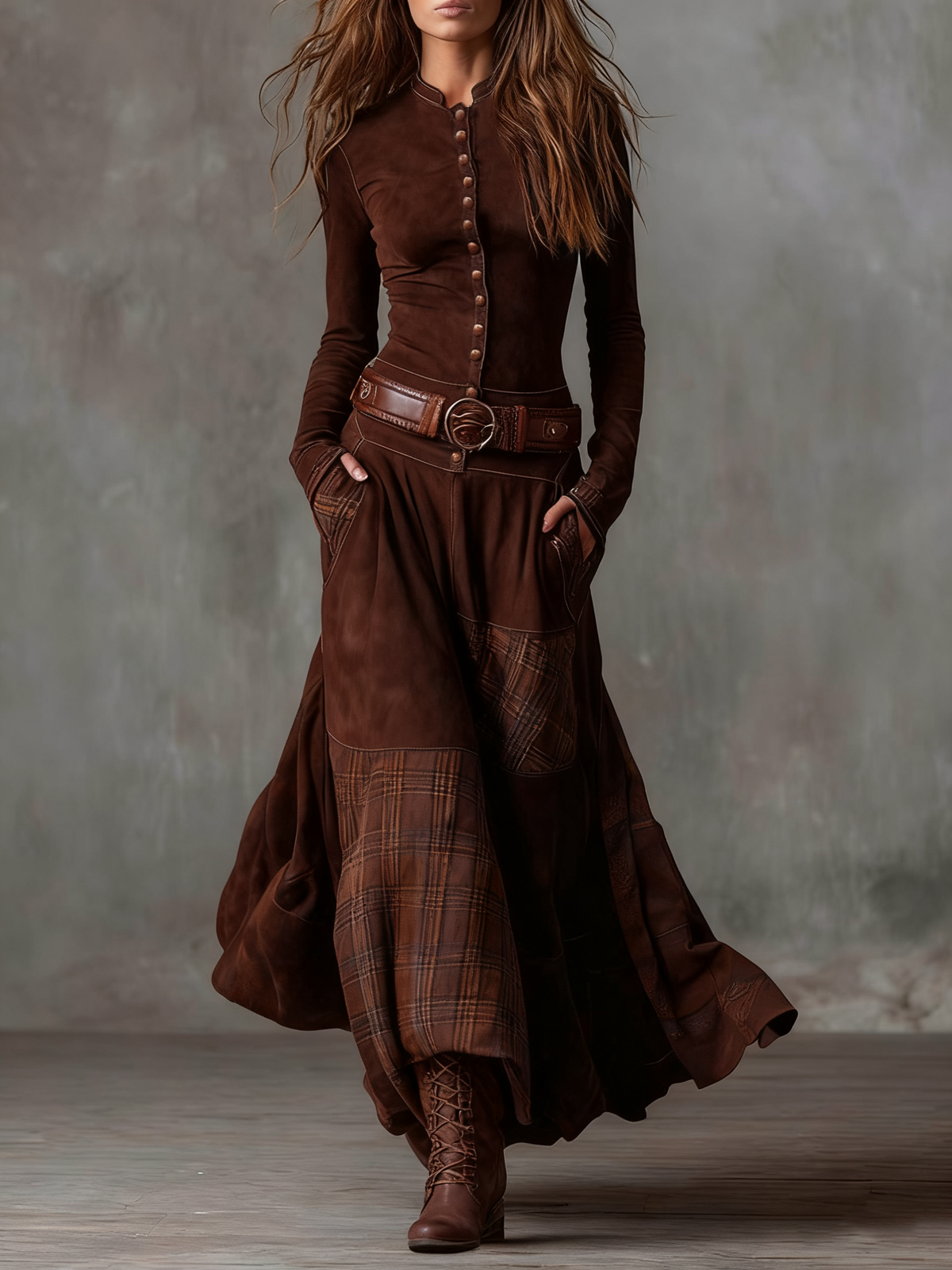 Robe maxi en suédine Élise de Danoir Paris avec ceinture, longue robe élégante, couleur beige, détail de la ceinture à la taille