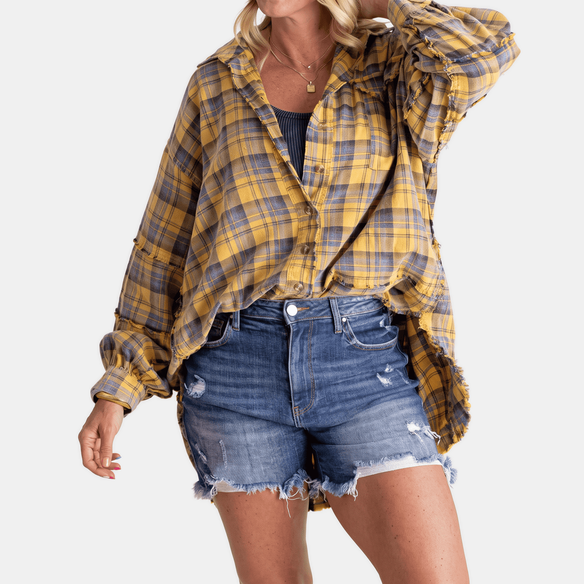 Chemise en flanelle à ourlet brut pour femmes, blouse longue à coupe oversize