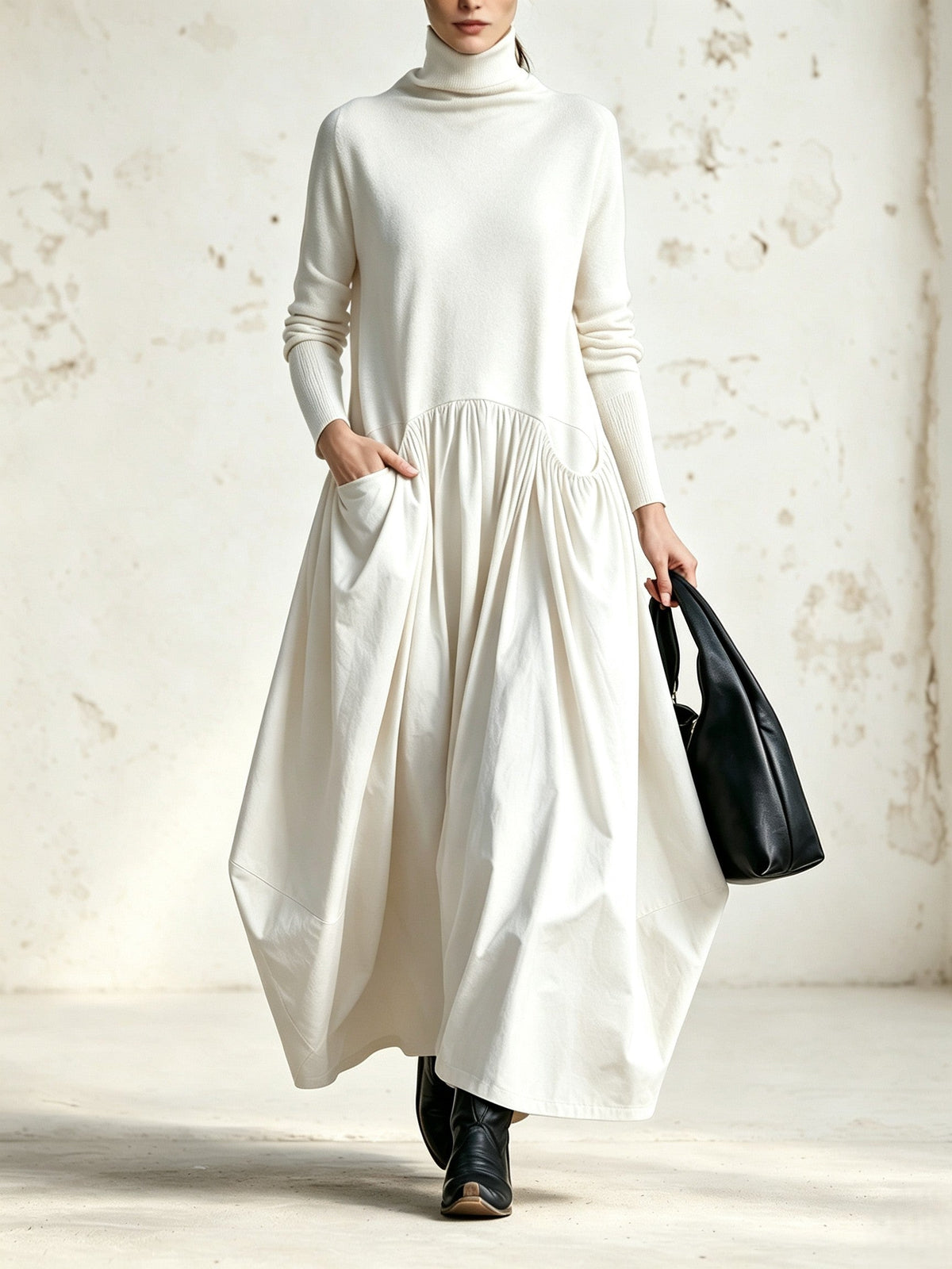 Robe longue oversize noire Danoir Paris avec col haut, vue de face, en tissu fluide et élégant.
