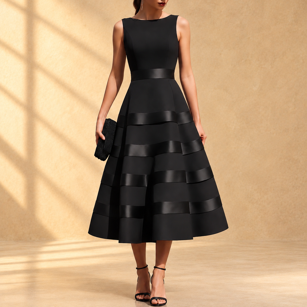 Robe midi noire sans manches Annabella de Danoir Paris, jupe évasée et taille cintrée, vue de face.