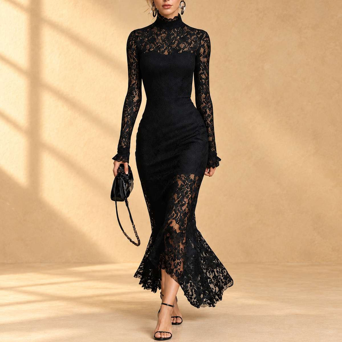 Robe de soirée en dentelle noire Arabella de Danoir Paris, col montant et manches longues, vue de face.