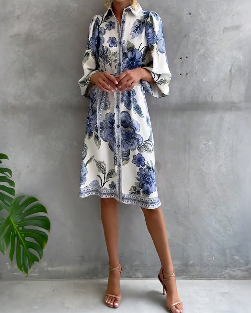 Robe Manche Lanterne Col Cranté Imprimé