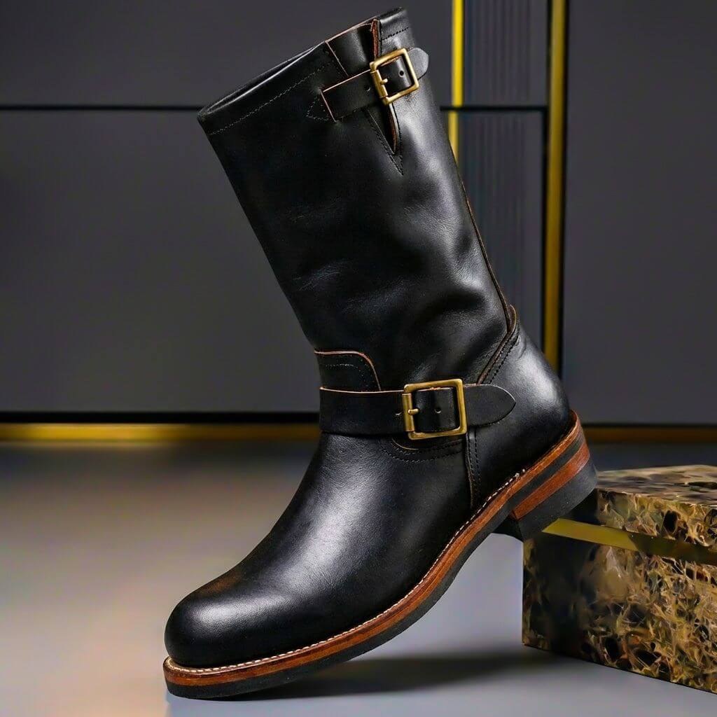 Bottes en cuir vintage Danoir Paris, noires, avec talons et design élégant, visibles dans cette image.