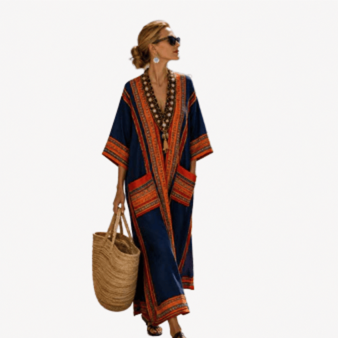 Caftán long Danoir Paris en tissu léger avec motifs colorés, porté de face, montrant le style élégant et décontracté.