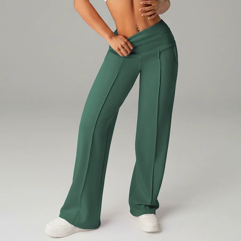 Pantalon femme à jambes larges et droites, taille haute, en tissu extensible, marque Danoir Paris, vue de face.