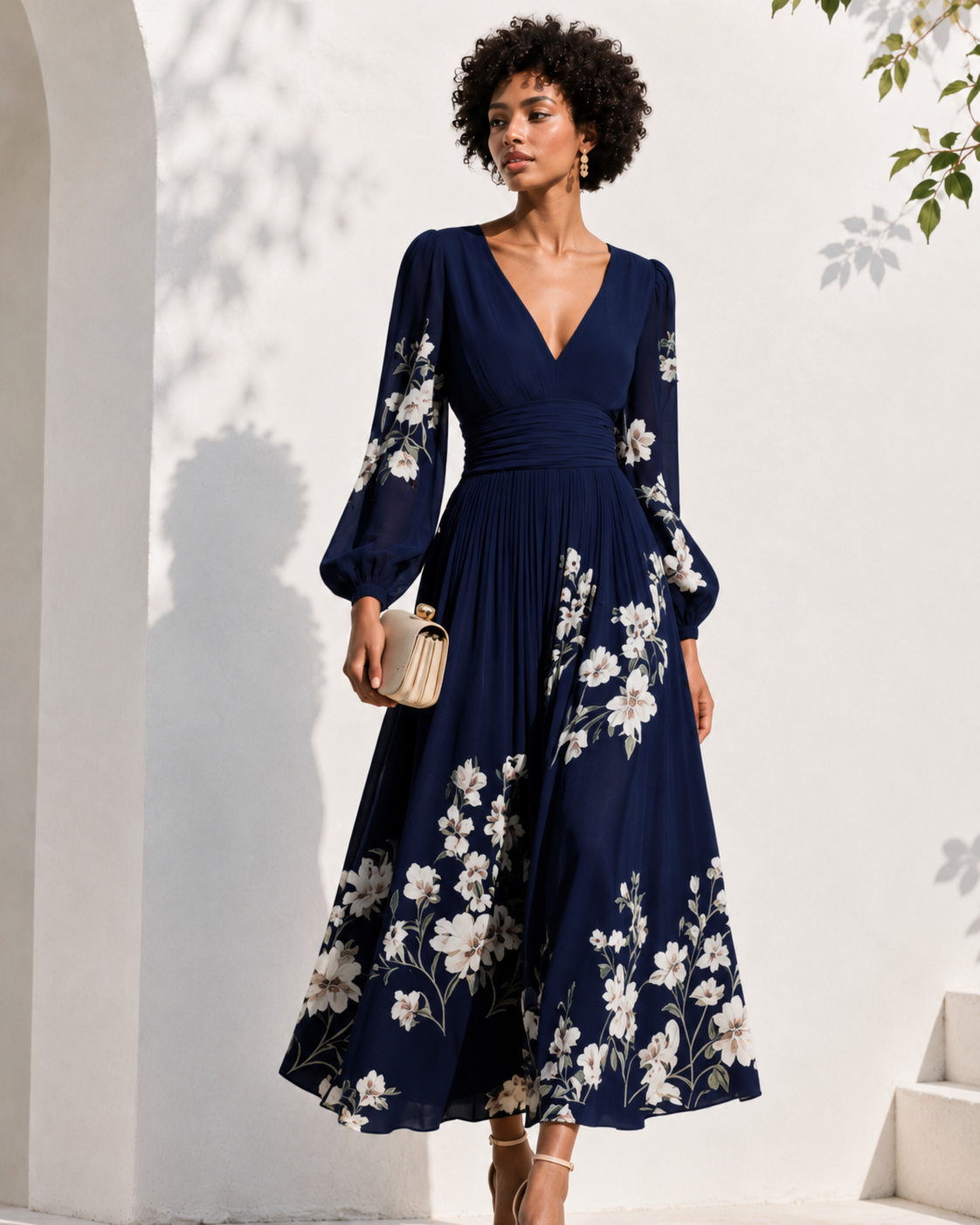 Robe longue élégante Danoir Paris pour femme avec décolleté en V profond et manches longues, tissu fluide et sophistiqué.
