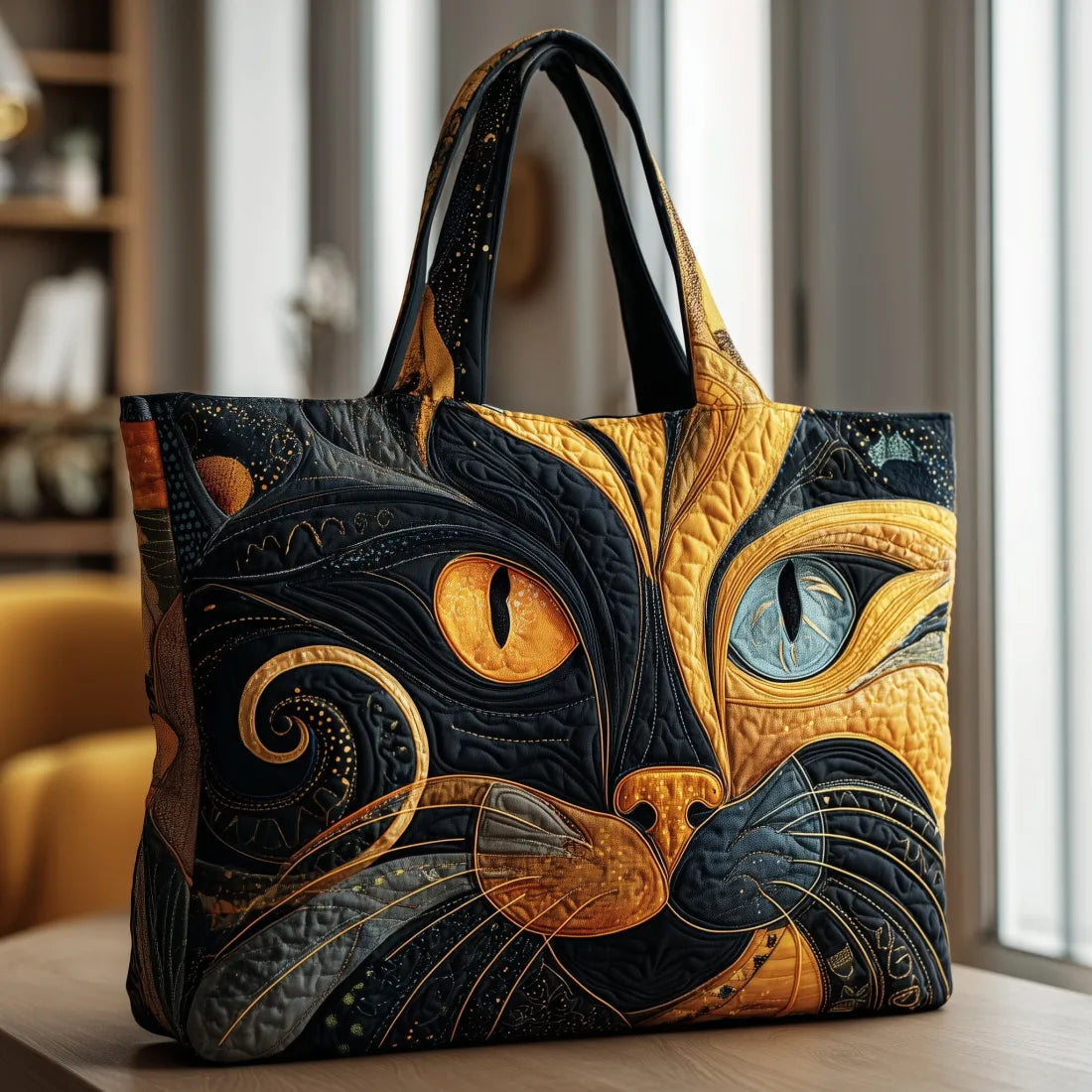Sac à main artisanal Danoir Paris en cuir, motif mystérieux de chat, taille 38 x 35 cm, style élégant et unique.