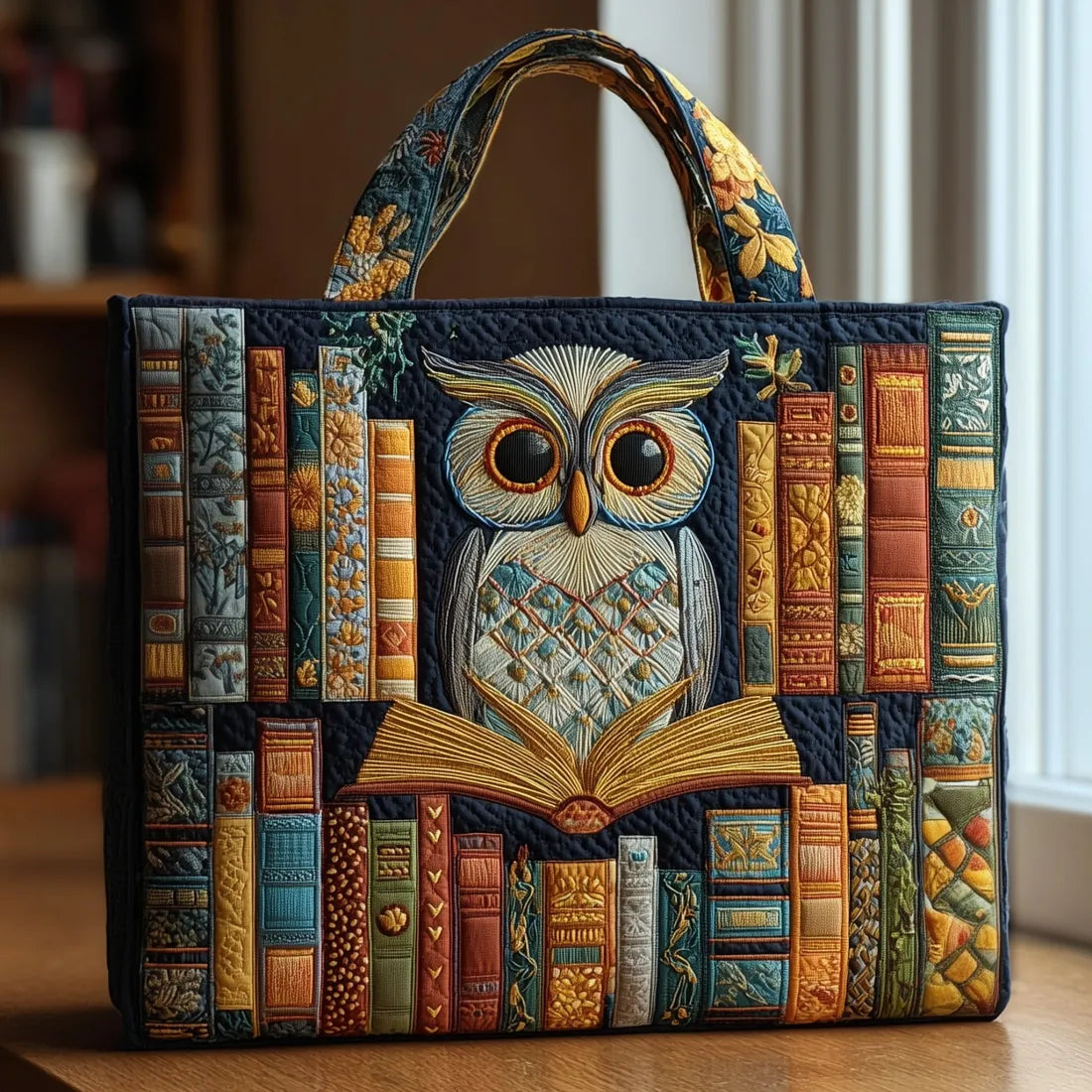 Sac à main artisanal Danoir Paris avec motif hibou lecture, en tissu robuste, dimensions 38x35 cm, style unique et élégant.