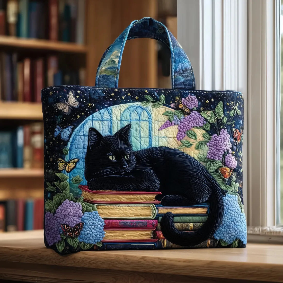 Sac à main artisanal Danoir Paris avec motif de chat noir et livres, en tissu coloré, de 38x35 cm.