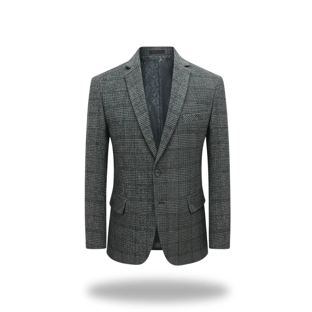 Blazer formel pour homme Danoir Paris, élégant et ajusté, en tissu sombre avec boutons sur le devant.