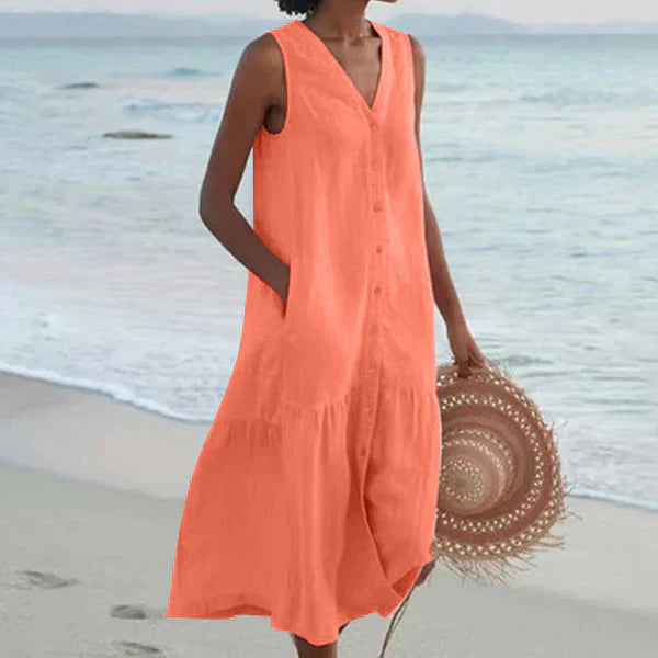 Robe chemise d'été Danoir Paris en coton, sans manches, avec poches, en V, style décontracté, coupe ample, idéale pour femmes.