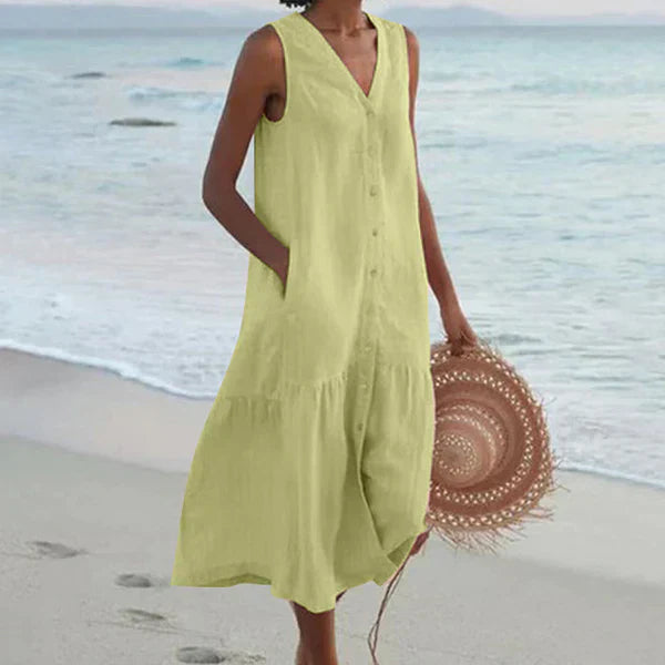 Robe chemise d'été Danoir Paris, en coton léger, sans manches, avec poches et col en V, style décontracté et confortable.