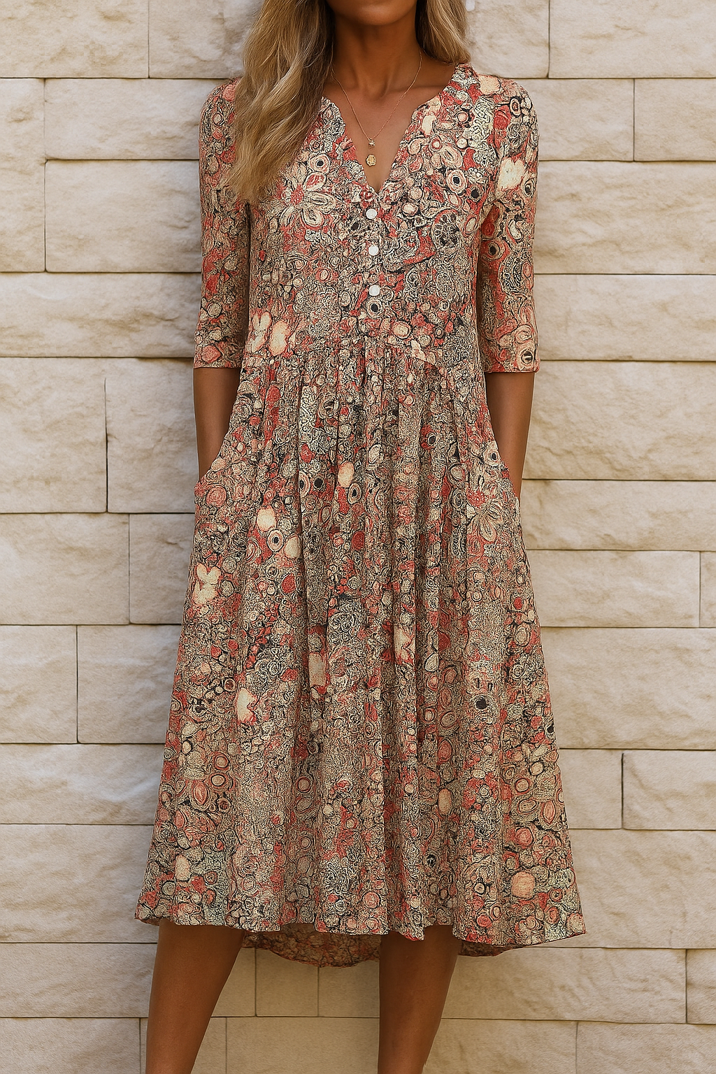 Robe midi imprimée Élise de Danoir Paris avec col V, mannequin portant la robe fluide et élégante à motifs floraux.