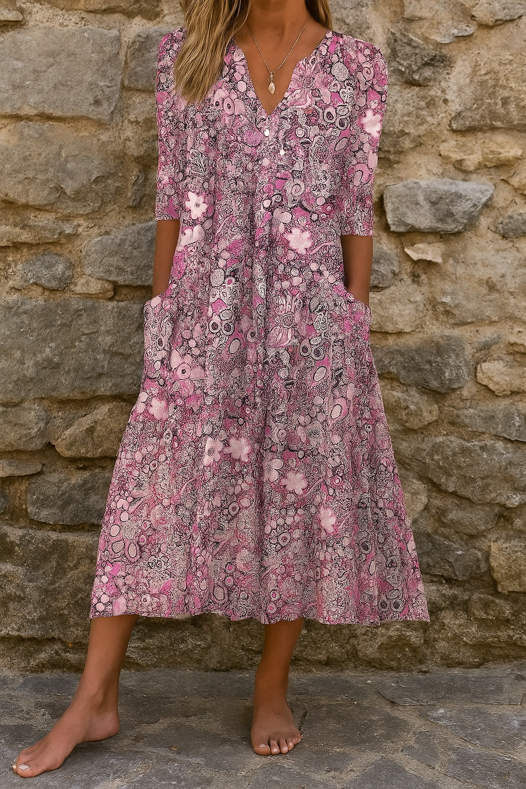 Robe midi imprimée Élise par Danoir Paris avec col V beige, tissu fluide et élégante pour femme.