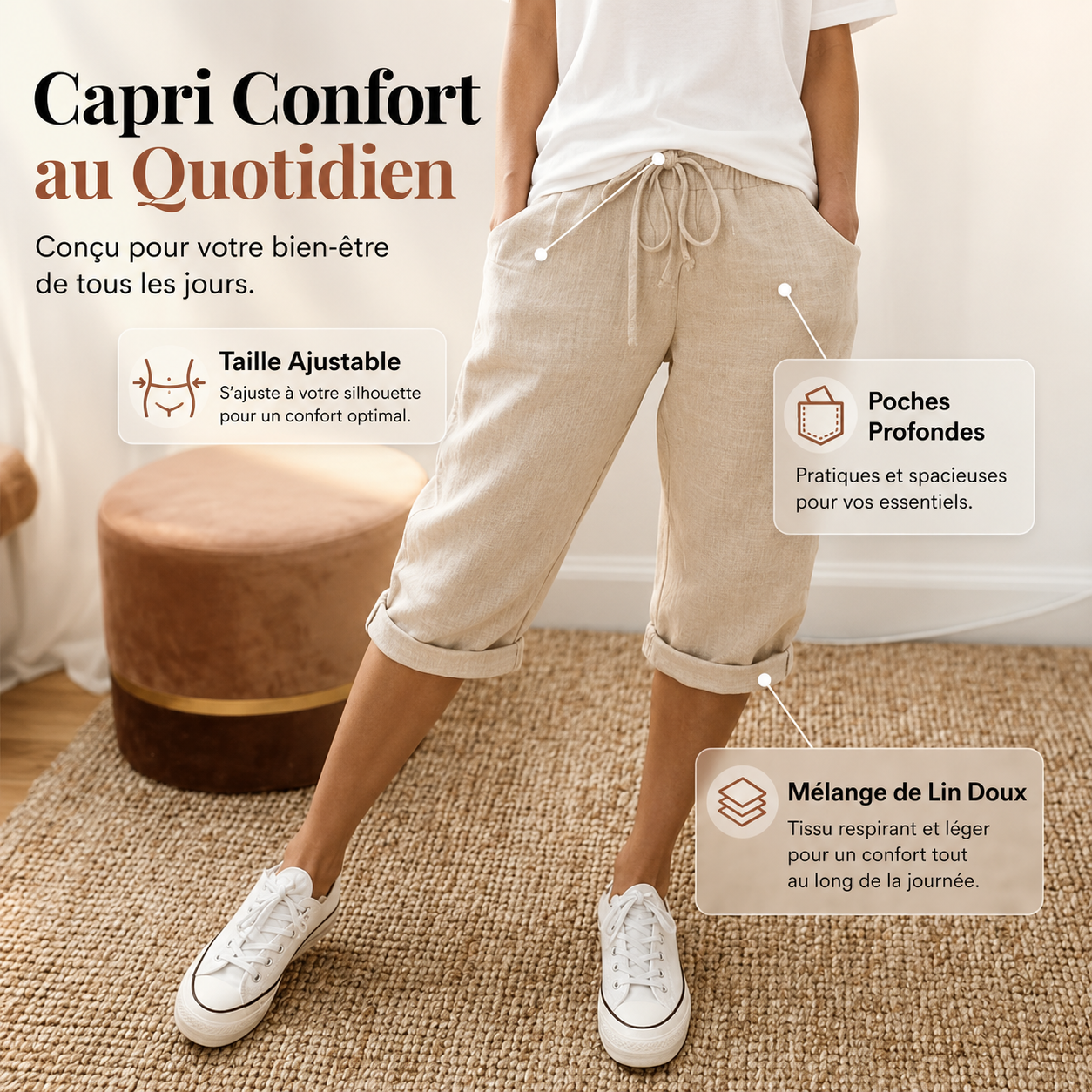Shorts en coton et lin pour dames de la marque Danoir Paris, modèle Laluna® avec offre 1+1 gratuit, visible en image.