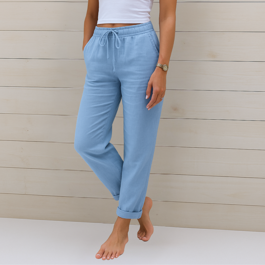 Pantalons en lin respirant Danoir Paris Maja, coupe stretch, tissu léger et confortable pour un look élégant et décontracté.