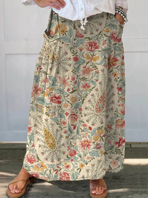 Jupe à poches Nilva Danoir Paris, imprimé floral vintage artistique beige