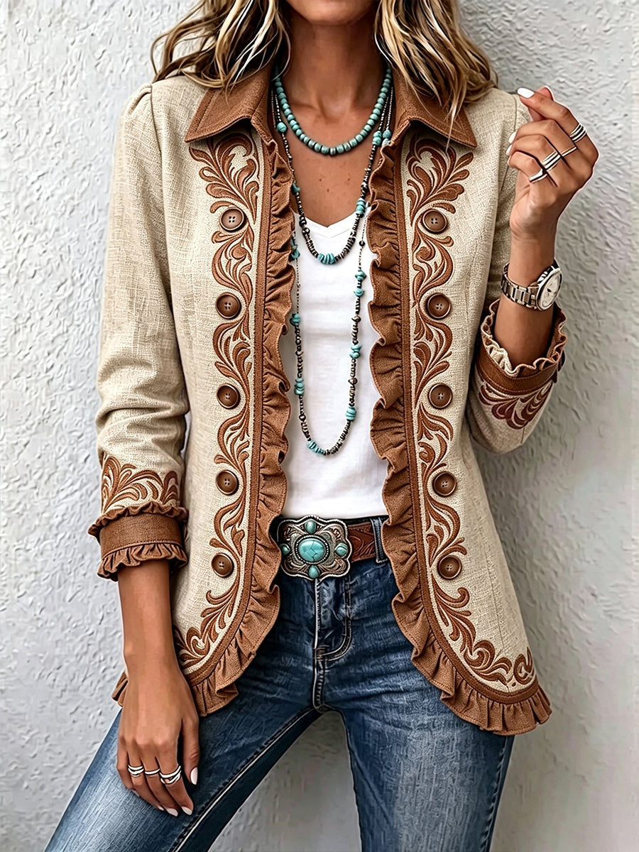 Veste bohème vintage Octavie Danoir Paris avec fleurs, volants chameau et marron, style féminin et décontracté.