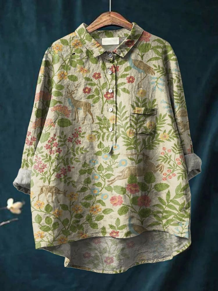 Chemise Olivia Danoir Paris à motif floral forêt beige, vue de face, tissu léger et élégant.