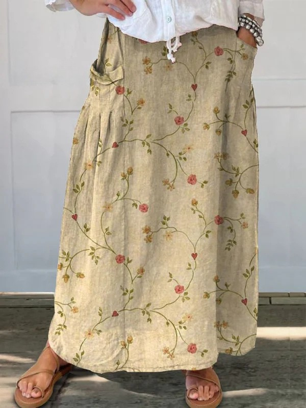 Jupe Shane™ Danoir Paris beige à motifs floraux rétro, taille élastique et poches pratiques