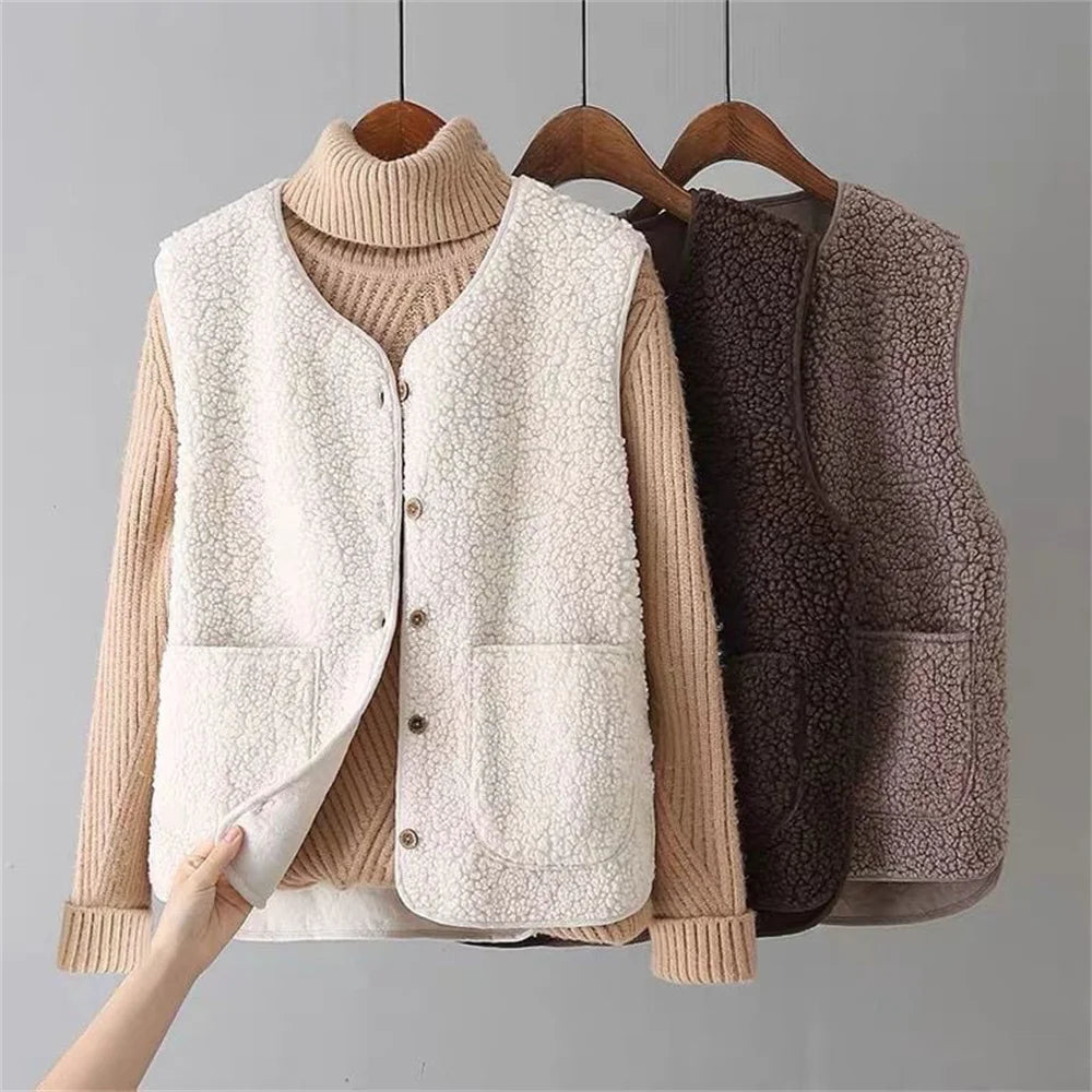 Cardigan classique polyvalent Laluna de Danoir Paris porté par une femme, en laine douce, couleur neutre.