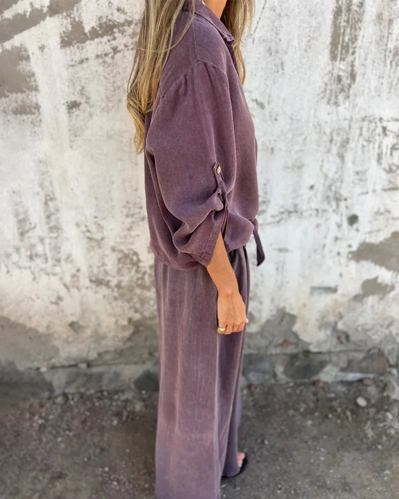 Ensemble deux pièces Quitte Danoir Paris en beige, vêtement féminin polyvalent et confortable, vue de face.