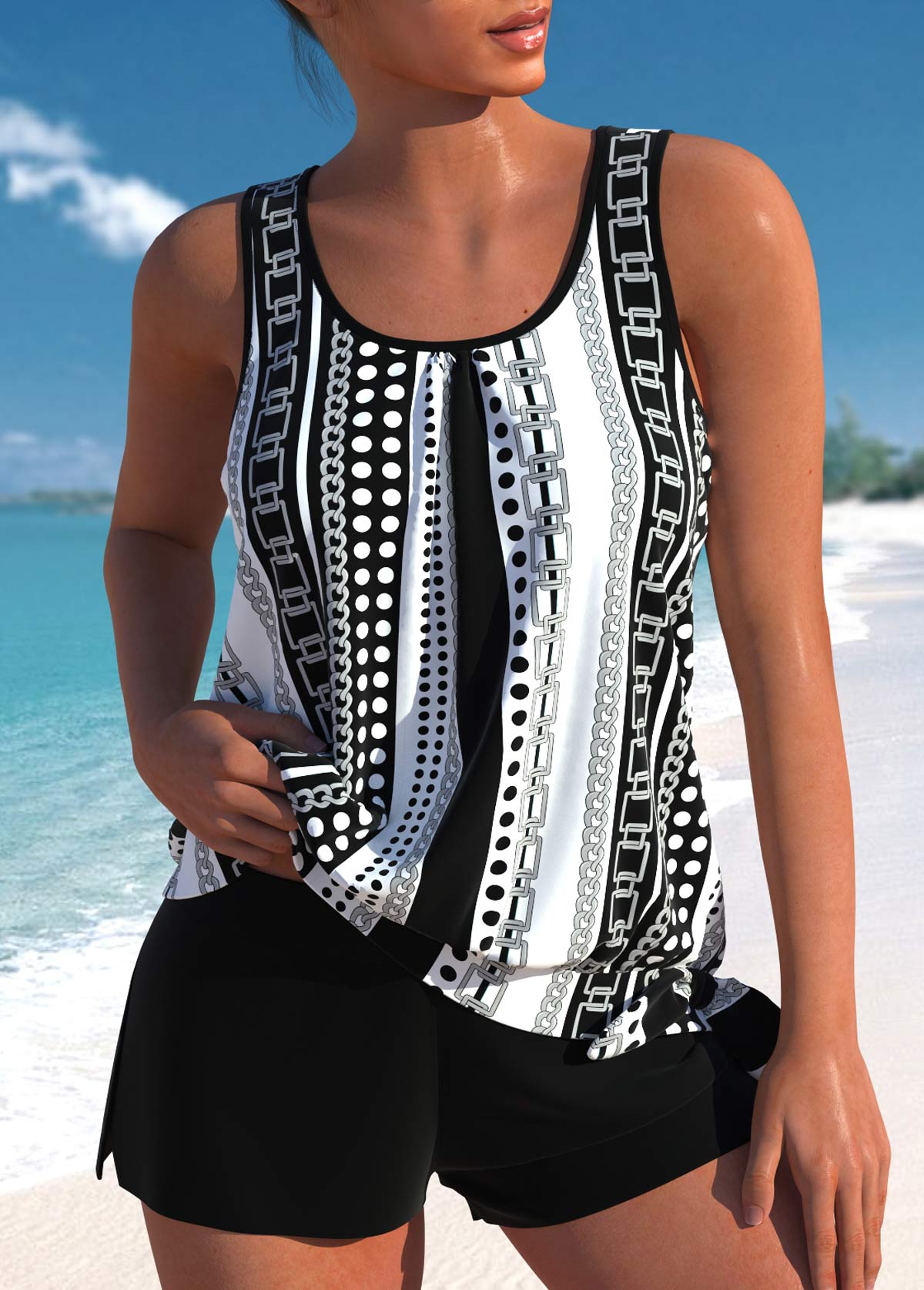 Ensemble maillot de bain Danoir Paris Megan, coupe décontractée avec motif feuilles, noir, pour femmes.