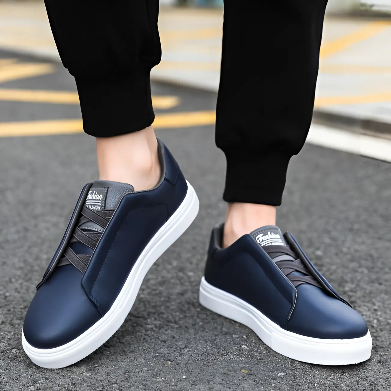 Sneakers chic Bernardo™ de Danoir Paris en bleu et noir, avec détails modernes et semelle blanche, vue de côté.