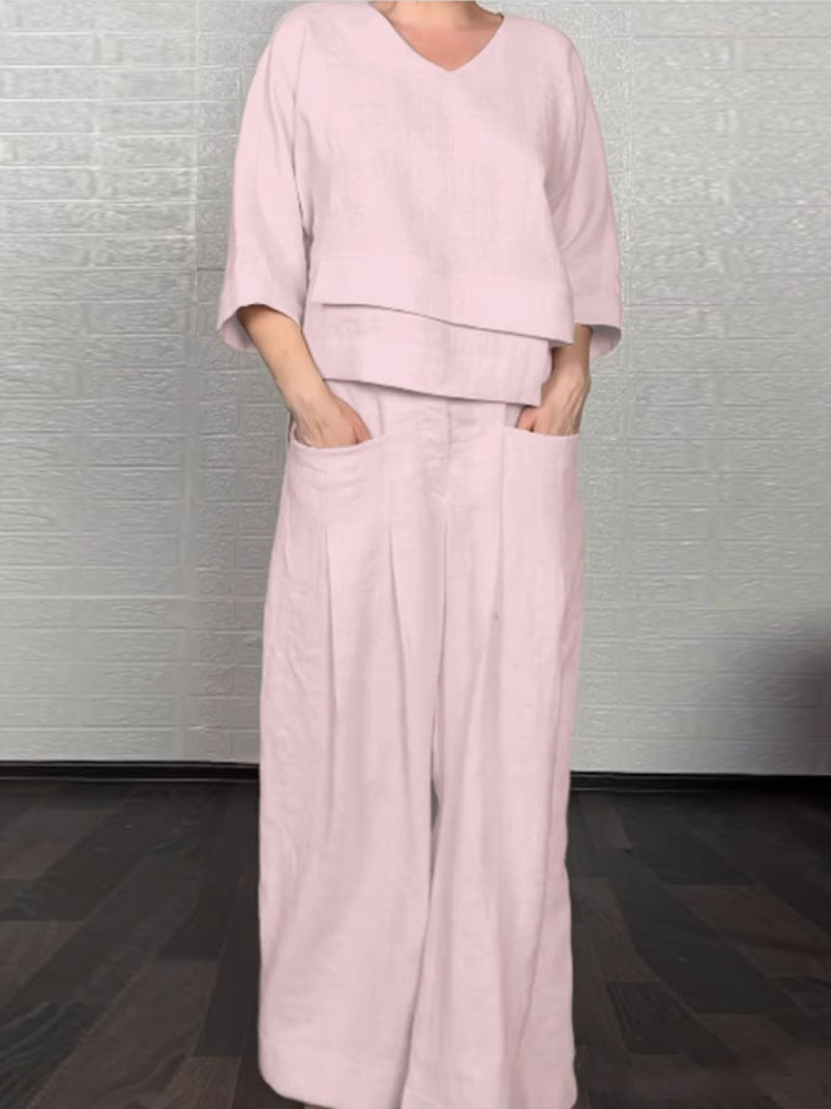 Ensemble décontracté en coton-lin Renaya de Danoir Paris, vestiaire confortable avec haut et pantalon beige.