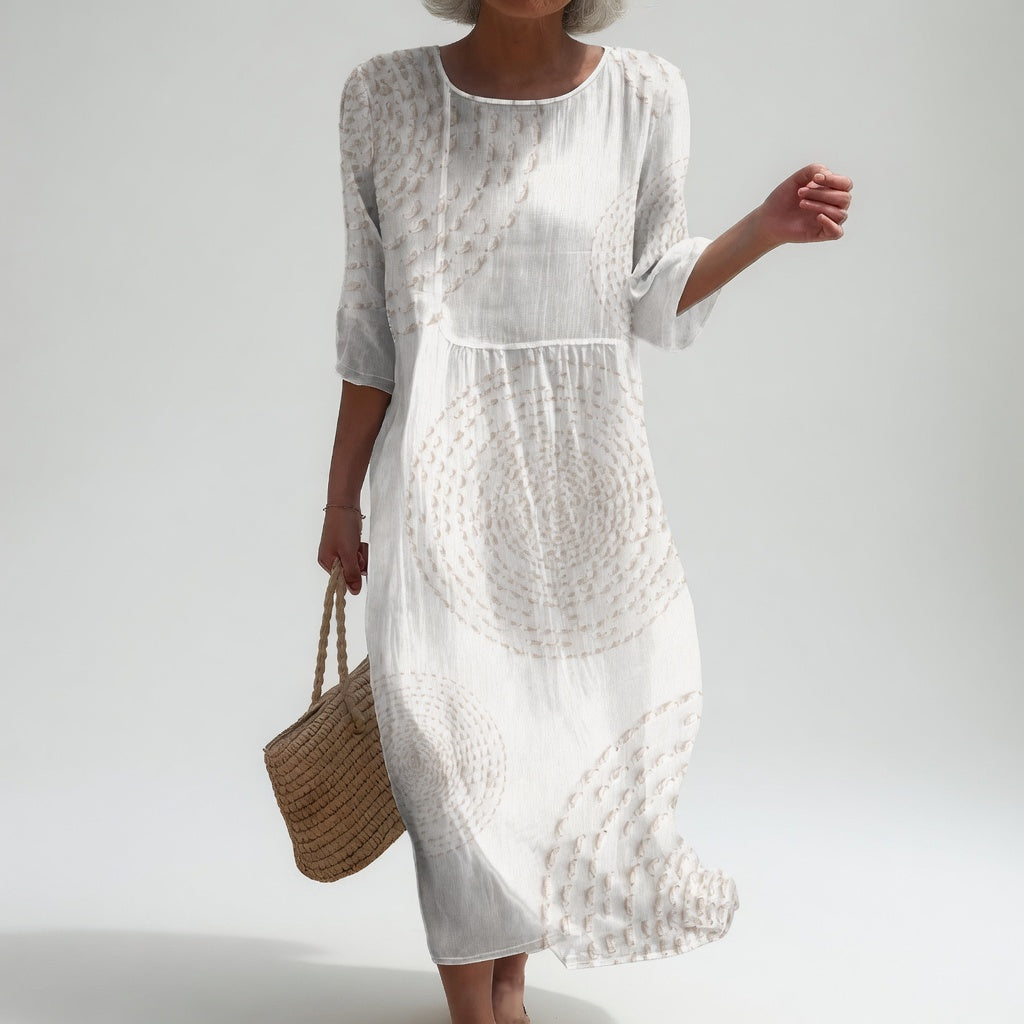 Robe midi élégante Améliane™ de Danoir Paris avec détails délicats, tissu fluide et coupe sophistiquée visible sur l'image.