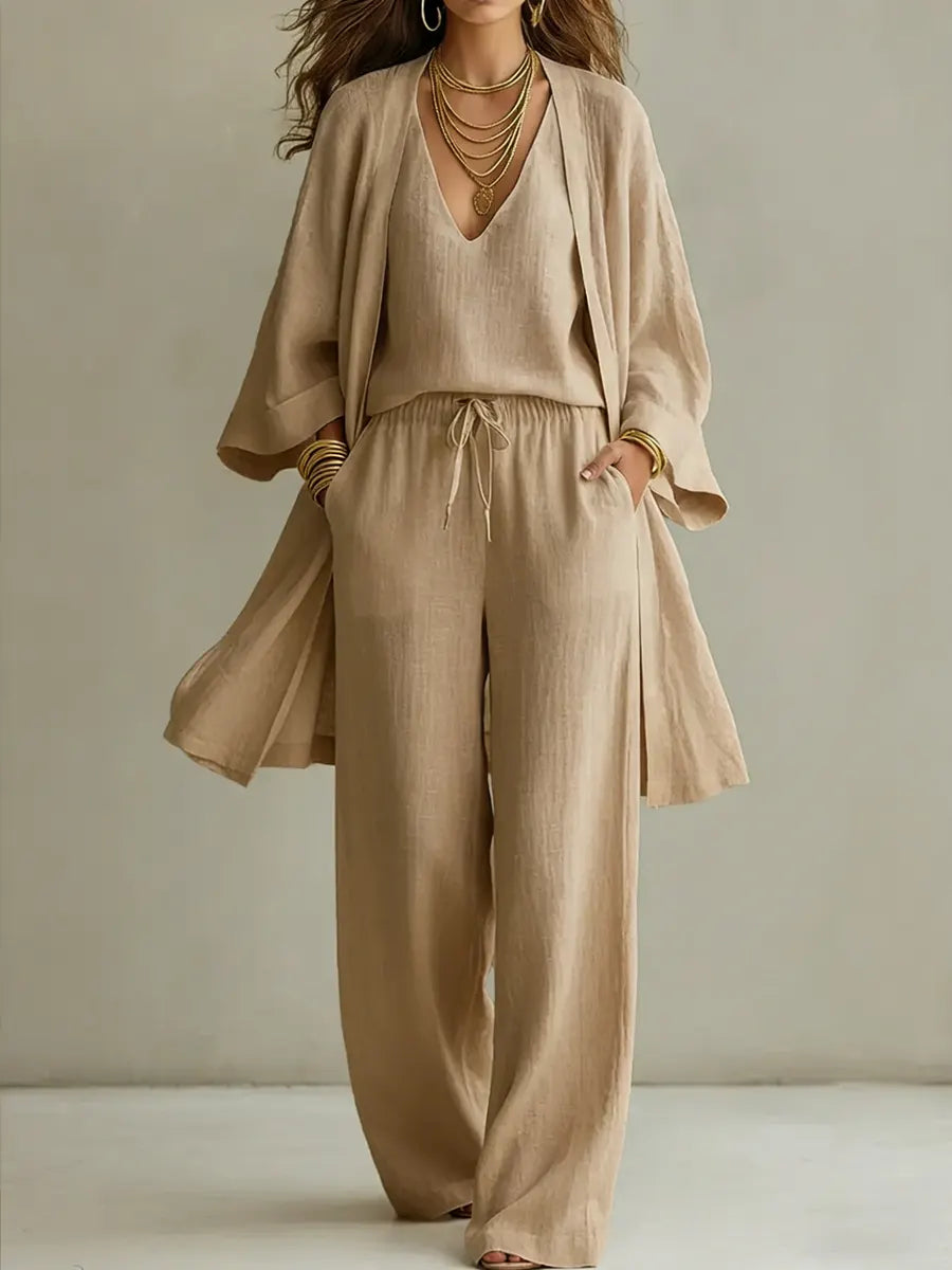 Ensemble homewear en lin blanc Isabelle de Danoir Paris, tenues décontractées 3 pièces pour le confort à la maison.