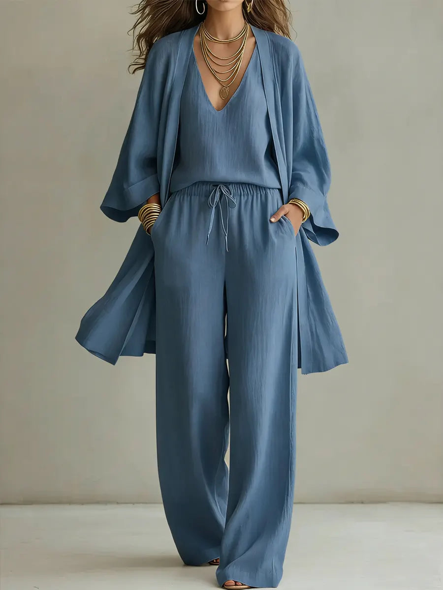 Ensemble homewear 3 pièces en lin blanc Isabelle de Danoir Paris, vêtement décontracté confortable pour la maison.