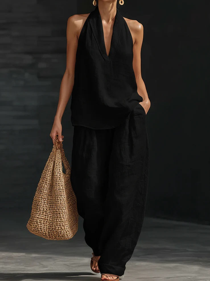 Ensemble sans manches et pantalon large Zoë™ de Danoir Paris, tenue élégante en tissu léger, vue de face.