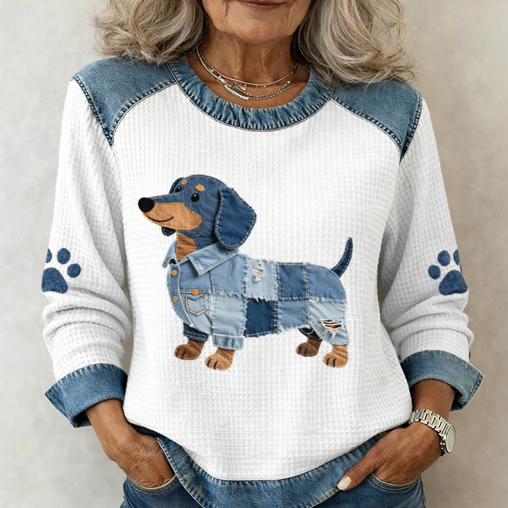 Blouse Danoir Pairs™ Chiot Doux Patchwork en coton avec motifs colorés, manches longues et col rond, pour femme.