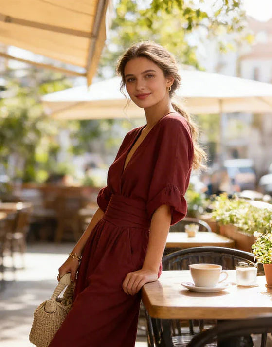Robe Daniela Danoir Paris élégante en mono à décolleté en V et jambe large, tissu fluide et sophistiqué, portée décontractée ou chic