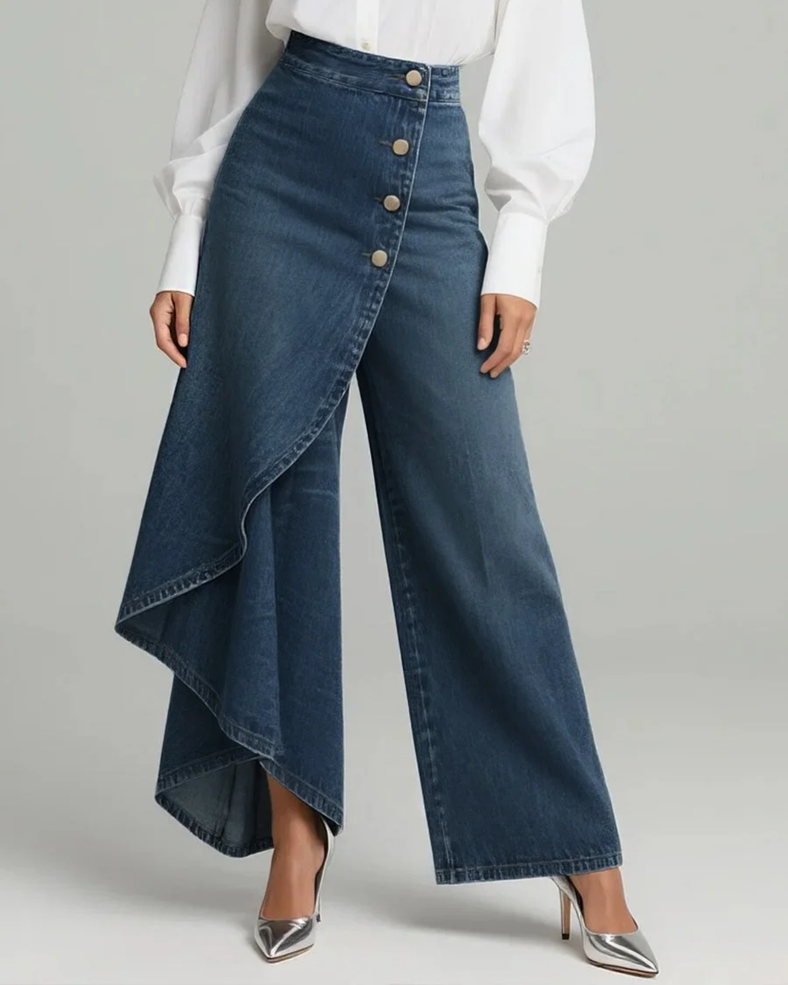 Pantalon en denim Audrey de Danoir Paris, coupe enveloppante, tissu bleu denim avec détails modernes, vue de face.