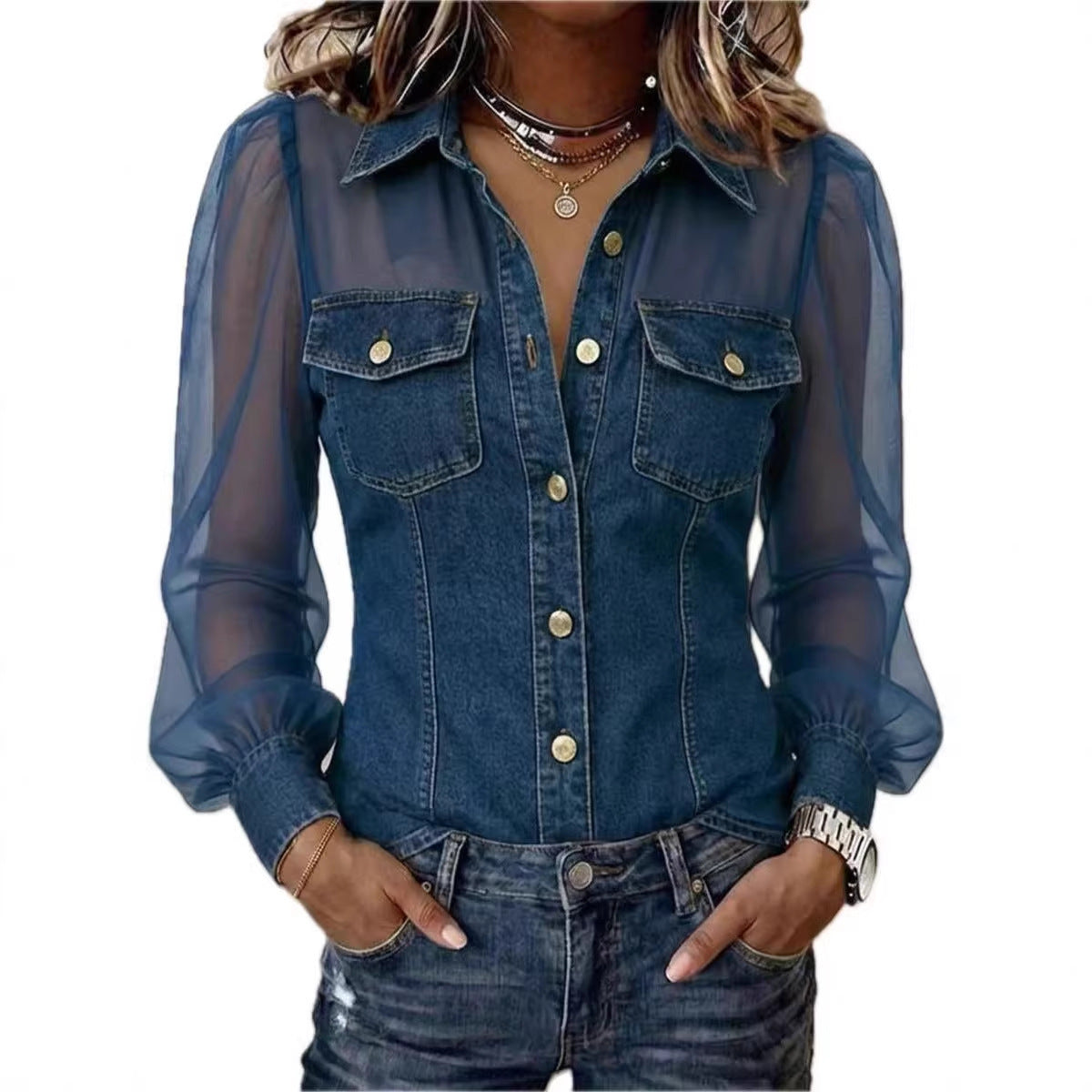 Blouse élégante Élodie en denim foncé de Danoir Paris, vue de face, tissu léger et coupe raffinée.