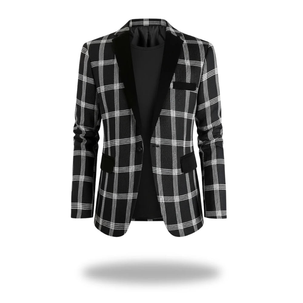 Blazer masculin Danoir Paris élégant, coupe raffinée, en tissu noir avec revers classiques, porté sur un mannequin.