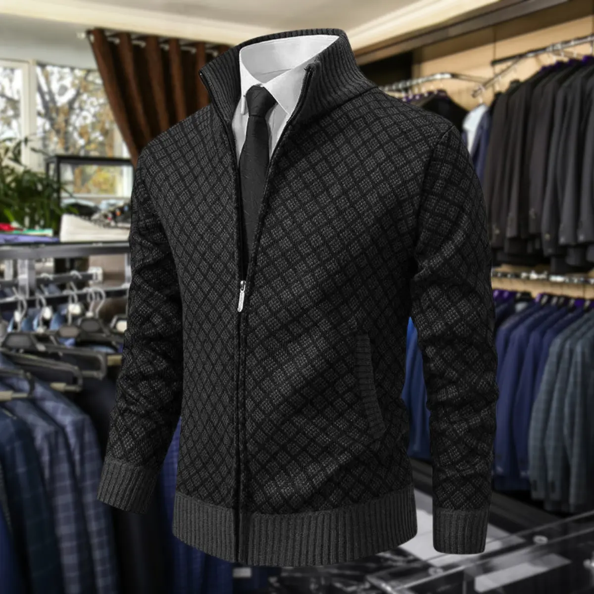 Gilet premium pour homme en matériau souple de la marque Danoir Paris, image montrant le gilet beige avec col en V.