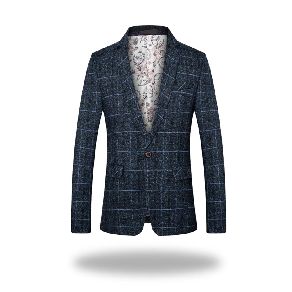 Blazer professionnel pour hommes Danoir Paris, costume élégant en tissu sombre avec boutons et revers classiques.