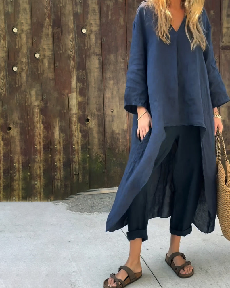 Ensemble Anna de Danoir Paris, chic et confortable, porté par une femme, mettant en valeur le tissu et le style élégant.