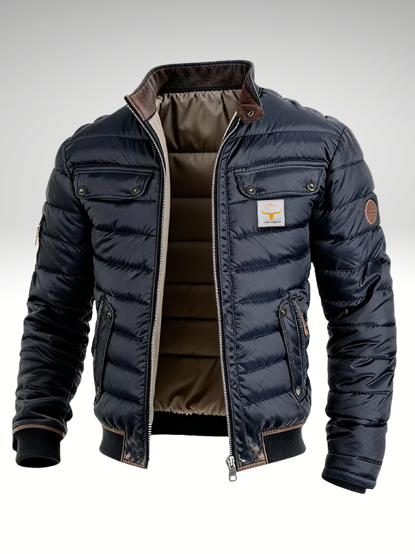 Veste matelassée premium Danoir Paris™ en tissu noir avec fermeture éclair et col montant, vue de face.