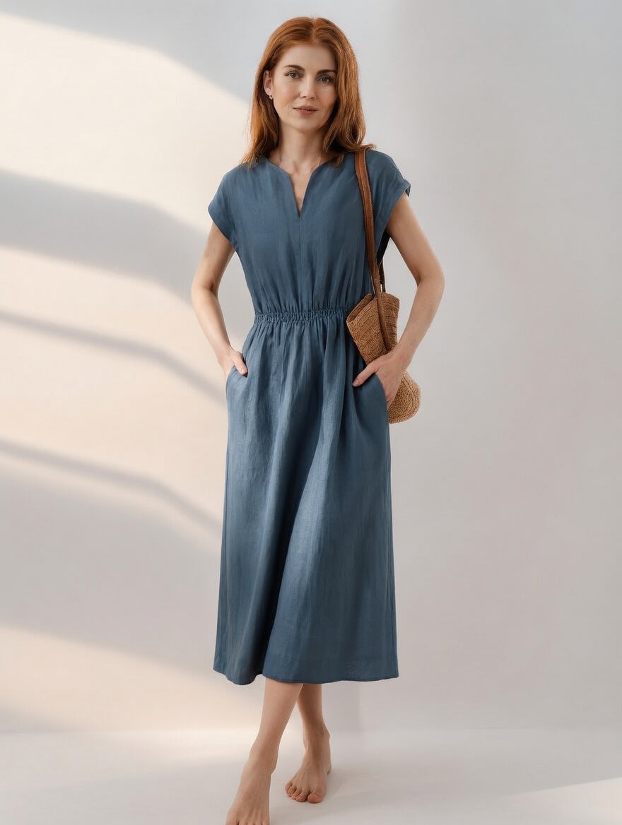 Robe en lin mélangé fluide et élégante Lina par Danoir Paris, vêtement léger avec coupe sophistiquée visible sur l'image.