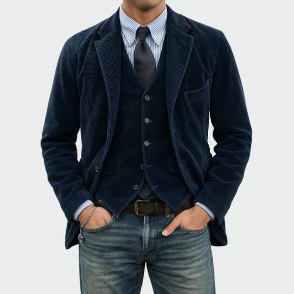 Ensemble 2 pièces Danoir Paris : blazer et gilet en velours bleu, élégants et sophistiqués, visibles sur l'image.